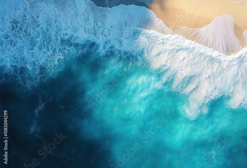 Beautiful sandy beach and soft blue ocean wave. Aerial view of pristine beach, turquoise ocean waves, white sand shoreline, crystal clear water, tropical paradise.
