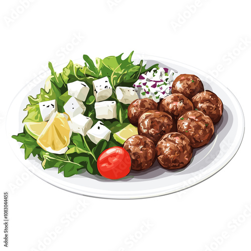 Greek Keftedes with Fresh Greek Salad - Mediterranean Illustration