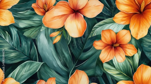 Wallpaper Mural Vibrant seamless watercolor pattern featuring tropical flowers like magnolia orange blooms vanilla orchids and lush banana leaves ideal for fabric design and nature inspired decor Torontodigital.ca