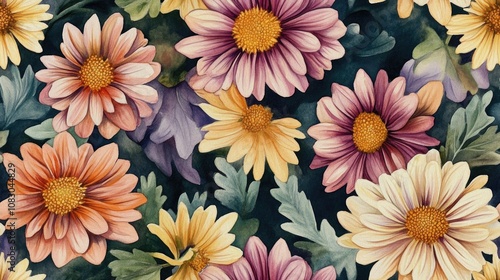 Watercolor wildflower chrysanthemum wreath pattern perfect for backgrounds and texture designs