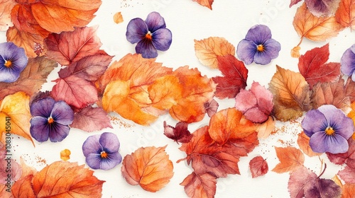 Seamless watercolor pattern featuring vibrant autumn leaves pansies and delicate roses perfect for textile design and seasonal decor