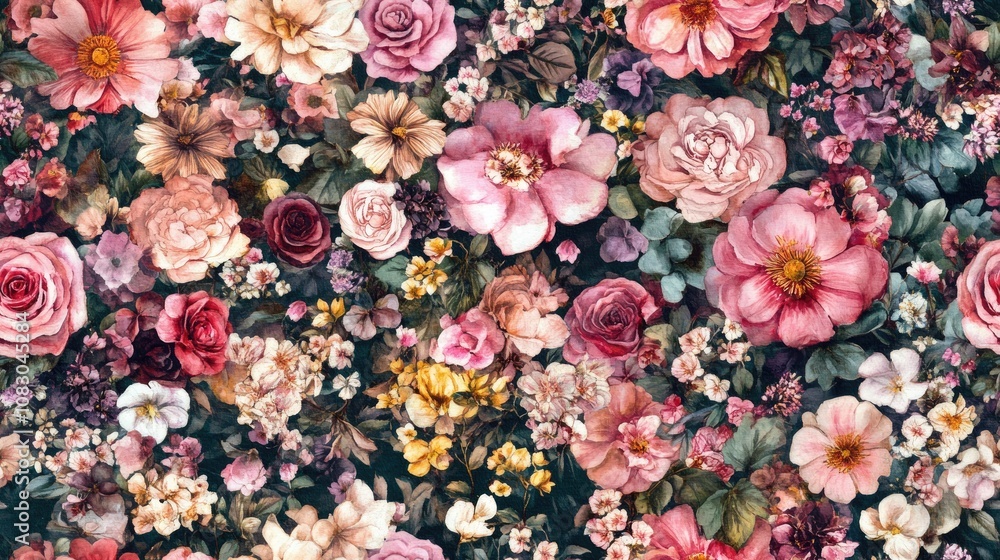 Fototapeta premium Seamless pattern of colorful watercolor flowers with intricate botanical illustrations ideal for fabric design and home decor
