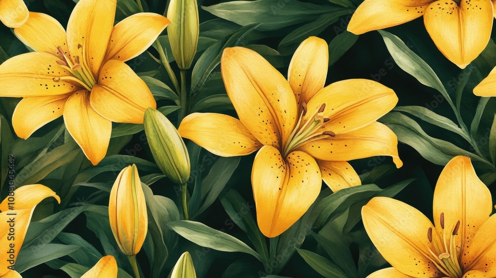 Obraz premium Seamless pattern of vibrant yellow lily flowers buds and leaves in watercolor style ideal for printed materials packaging and decorative items