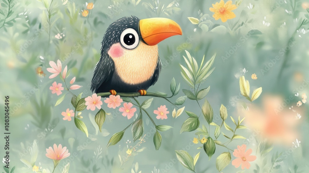 Naklejka premium Cute baby toucan perched on a vine surrounded by tropical foliage ideal for baby shower decorations children s cards and playful room decor