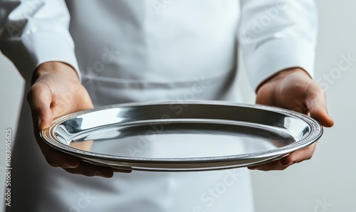 Waiter butler hand hold silver tray serve plate photo