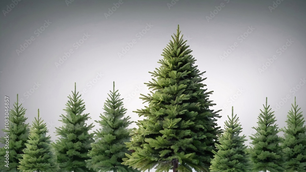 Obraz premium A row of fir trees with one taller than the rest against a gray background.
