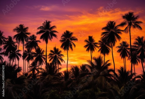 silhouette lush palm trees set vibrant sunset backdrop radiant colors striking contrast sky, scenery, nature, silhouettes, tropical, landscape, evening