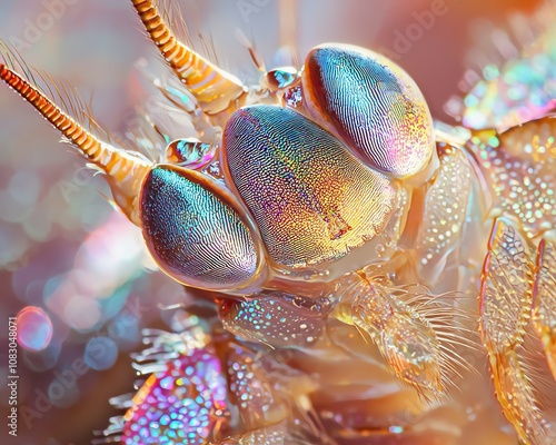 Detailed close-up of a mantis shrimp's compound eyes, rainbow shell patterns, iridescent armor photo