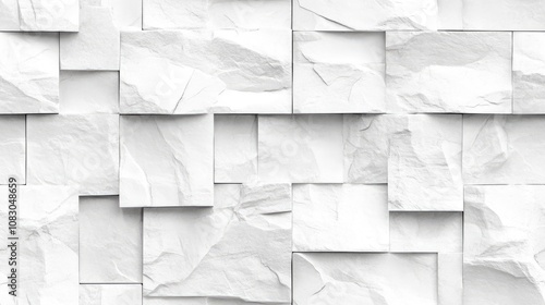 Block pattern of white stone cladding wall tile texture with seamless background