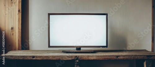Vertical view of a television displaying a blank white screen resting on a rustic wooden counter showcasing minimalist decor