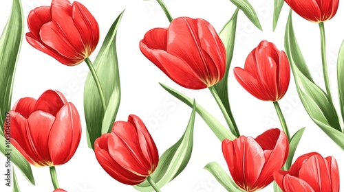 Seamless pattern featuring hand drawn red tulip flowers and green leaves on a white background botanical illustration