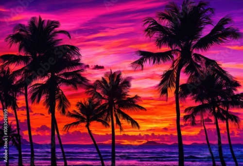 vibrant silhouette palm trees stunning sunset backdrop vivid colors captivating scenery, sky, clouds, evening, gradient, landscape, orange, pink, blue