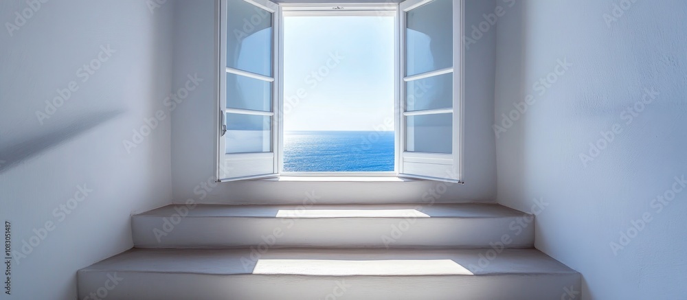 Obraz premium Two white wooden windows framing a scenic view at the top of a staircase symbolizing exploration and new journeys