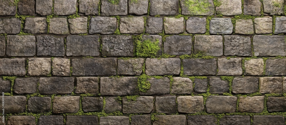 Obraz premium Weathered stone wall with moss covered bricks ideal for rustic architectural projects