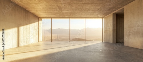 Under construction empty room featuring monolithic structure with large panoramic windows showcasing unfinished space ready for customization photo