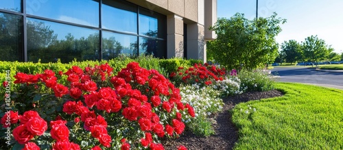 Fototapeta Naklejka Na Ścianę i Meble -  Vibrant bush of red roses blooming at the entrance of a commercial property enhancing landscaping appeal