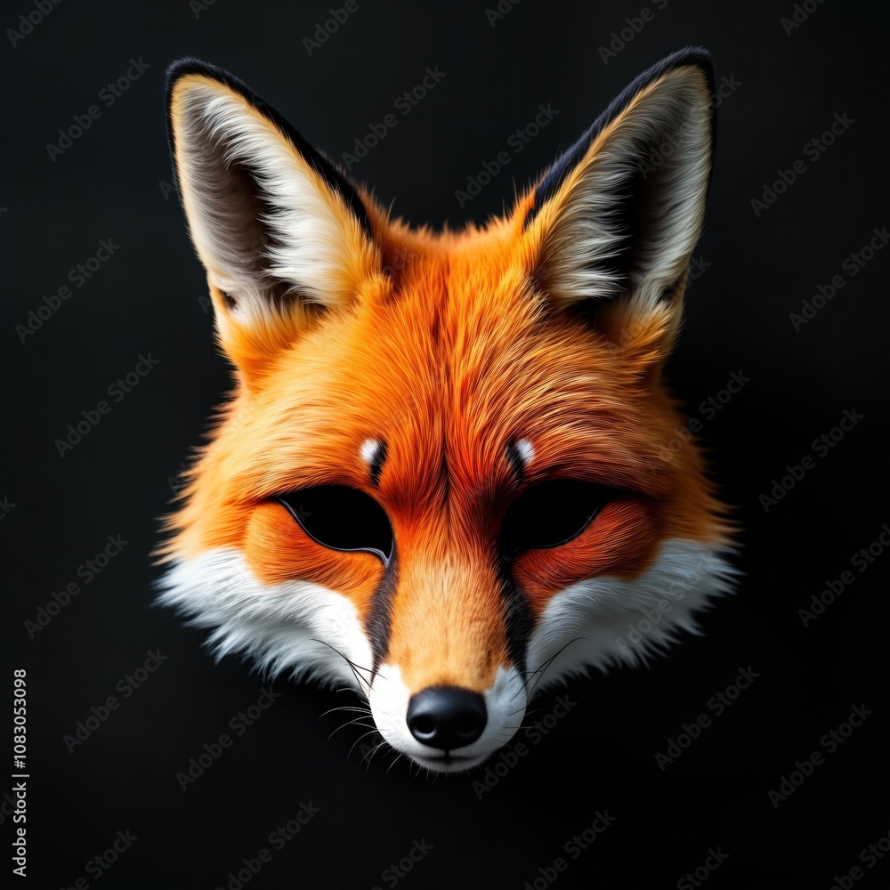 Obraz premium Red fox fur half mask on black background. Animal headwear design for cosplay, theatre and masquerade costume. Animal mask accessory with fur texture for fashion and creative art projects.