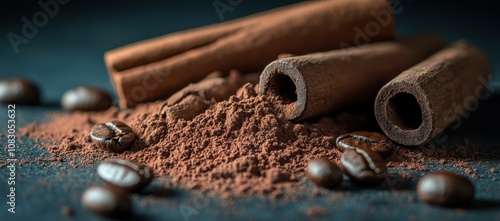 coffee beans and cinnamon sticks on the table, with ground cocoa powder scattered around them photo