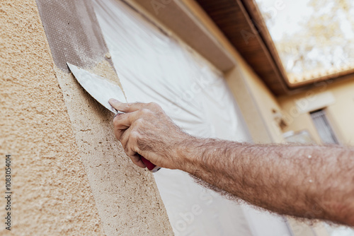 Worker’s hand plastering exterior walls of a house with a spatula. Renovation of a building facade.