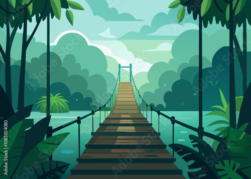 Suspended wooden bridge over a river against a rainforest backdrop