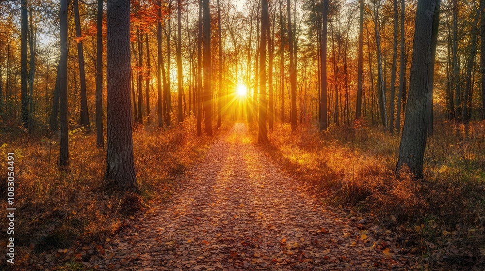 Obraz premium Autumn forest with a ground path during sunset