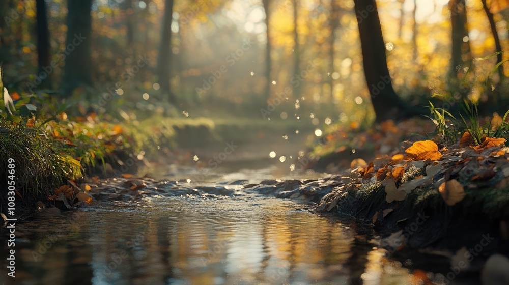 Fototapeta premium A close up view of a small stream in an autumn forest featuring a peaceful and tranquil ambiance with morning sunlight and mist reflecting the essence of the fall season