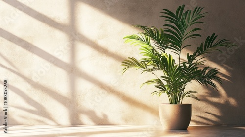 A tranquil indoor setting showcasing a vibrant plant next to a sunlit wall adding a touch of natural elegance to the decor photo