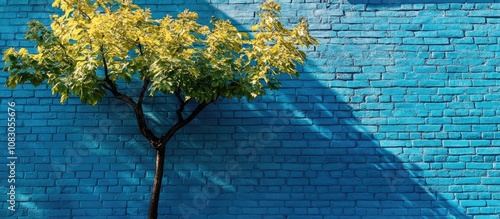 Tree standing against a vibrant blue brick wall contrasting nature with urban aesthetics