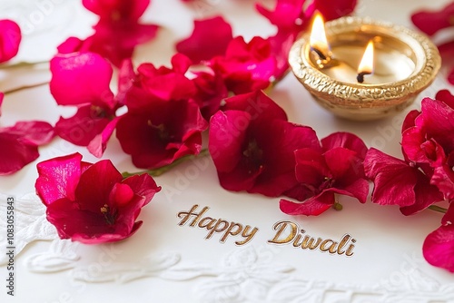 Diwali celebration setup with glowing diyas, red floral decor, and Happy Diwali lettering photo