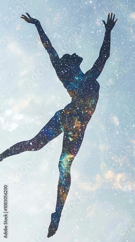 Dynamic silhouette of a gymnast mid-flip, double exposed with galaxy and stars, ethereal motion photo