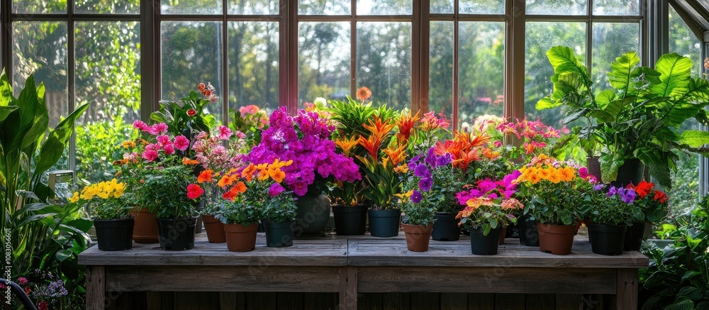 Obraz premium Vibrant potted flowers and tropical plants arranged on a table inside a greenhouse perfect for home gardening inspiration