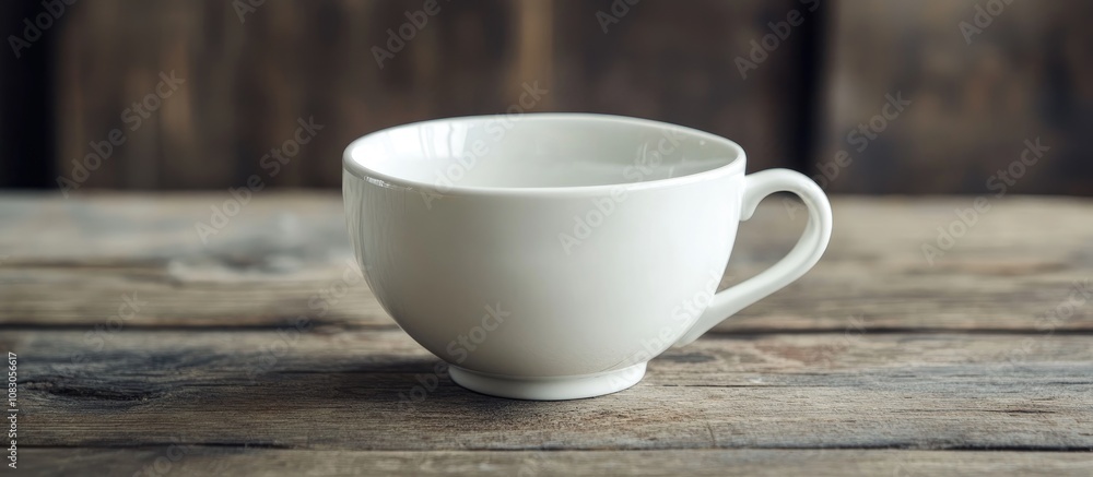 Fototapeta premium White ceramic coffee cup elegantly placed on a rustic wooden table perfect for a cozy cafe atmosphere