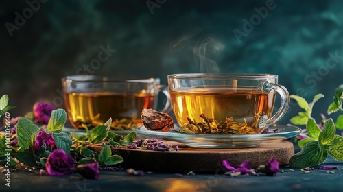 Aromatic herbal tea served against a solid backdrop photo