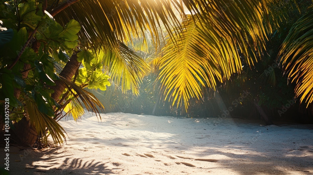 Fototapeta premium A tranquil beach setting with sunlight streaming through vibrant palm leaves and soft golden sand inviting a sense of peace and relaxation