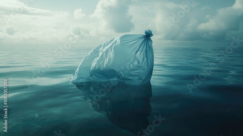 Artistic representation of a plastic bag adrift in water symbolizing environmental pollution and the accumulation of non biodegradable waste in the ocean photo