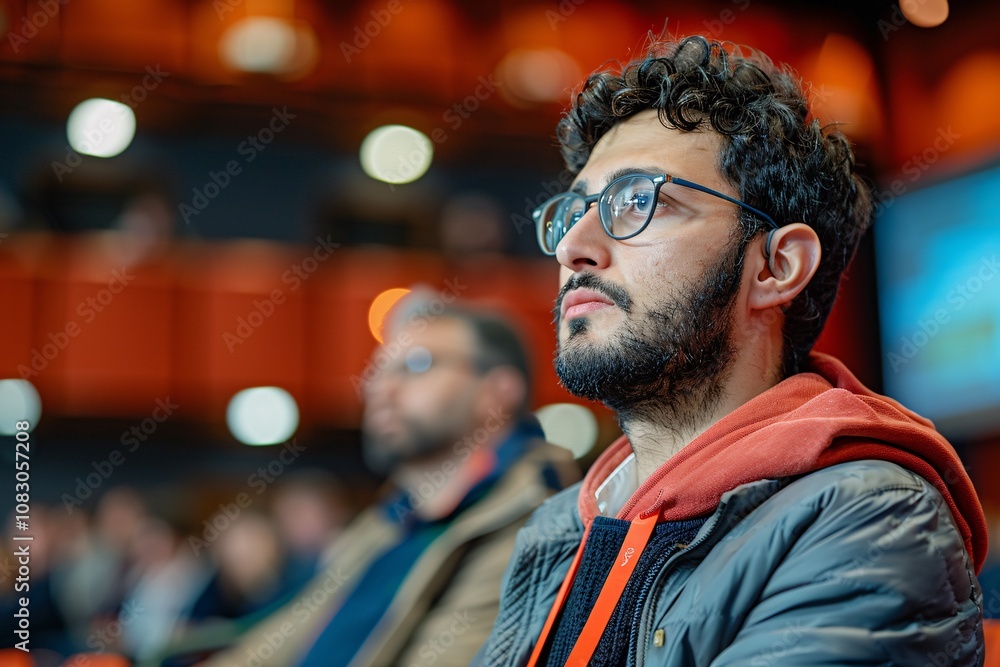 Fototapeta premium Two men sit attentively in an auditorium during a conference, clearly absorbed in the talks. The atmosphere is vibrant and intellectual, reflecting the importance of the event