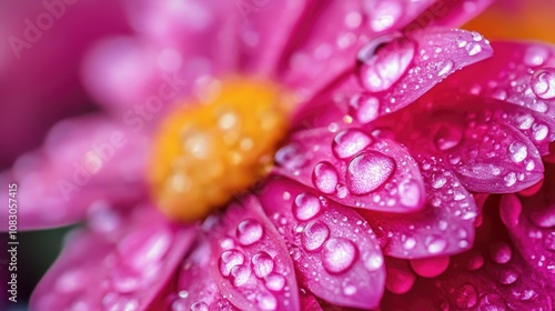 Close up macro of vibrant pink petals adorned with stunning water droplets against an abstract nature backdrop photo