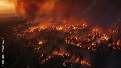 Aerial Perspective of Wildfire Consuming Expansive Forest A Powerful Depiction of the Destructive Force of Fire photo