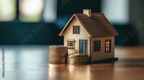 Coins and a house model on a wooden table symbolizing financial concepts related to home ownership photo