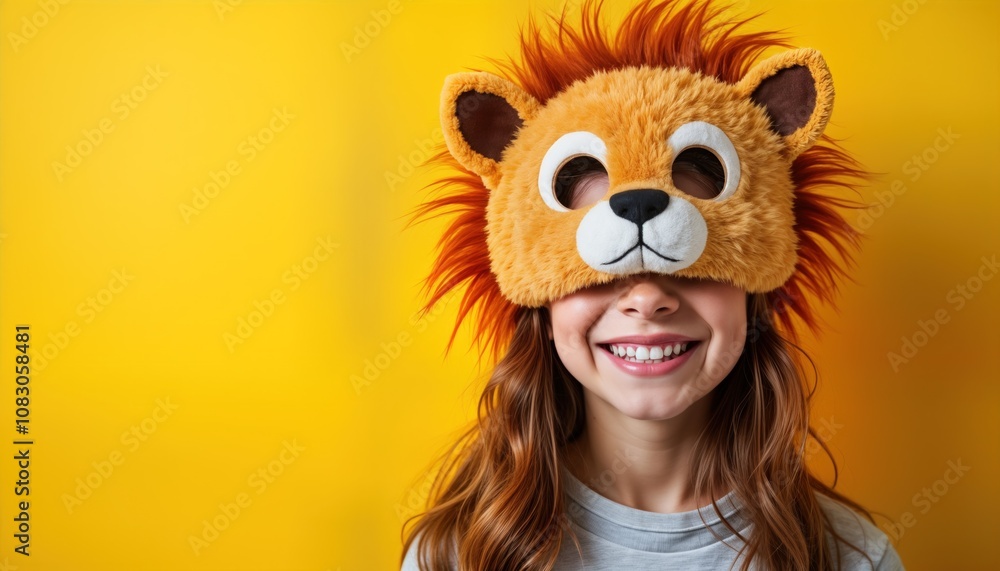 Fototapeta premium Smiling teen girl wears fluffy lion half mask. Happy, playful, against yellow background. Image vibrant, cheerful portrait, perfect for promoting fun, youthfulness. Ideal for use in social media,