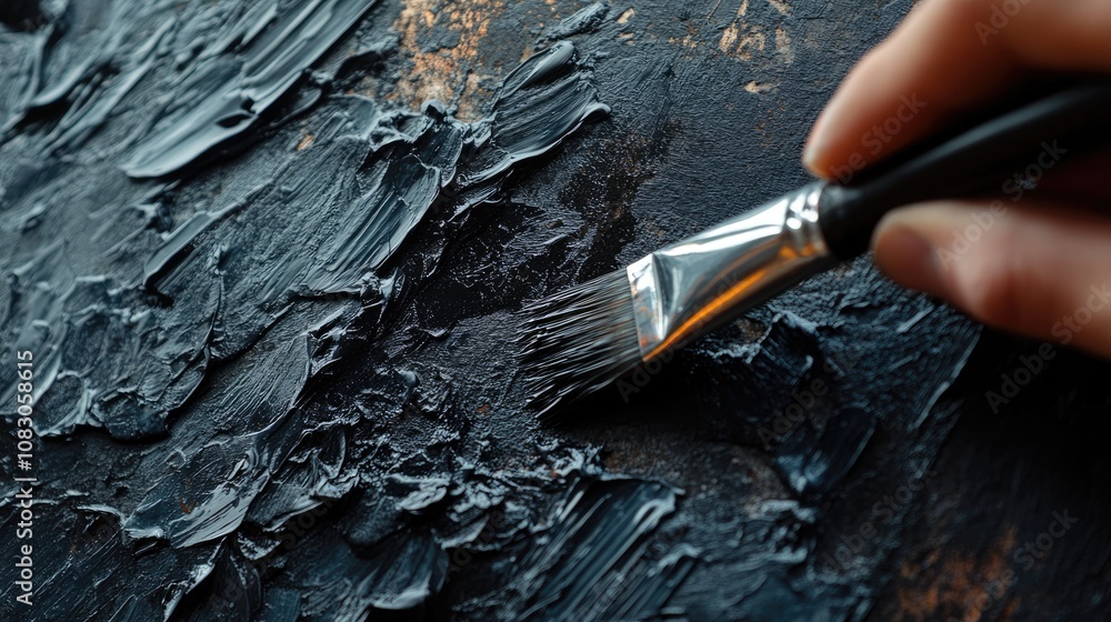 Obraz premium Artist applies black paint to a metal surface using a brush captured in a close up view