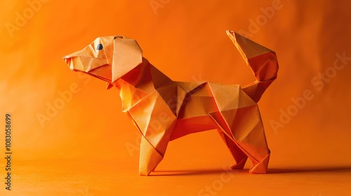 An orange origami dog on an orange backdrop crafted from paper folded into distinct shapes to create the animal s body and tail photo