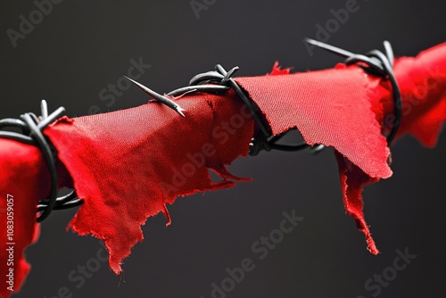 A close-up view of a piece of red fabric with barbed wire wrapping around it photo