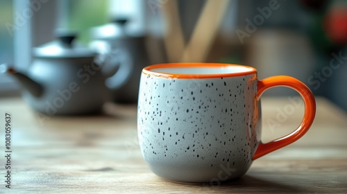 An orange handled gray and white coffee mug with two small pots blurred in the background photo