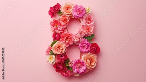 Creative design featuring the number 8 composed of vibrant rose flowers against a pink backdrop ideal for a Women s Day greeting card photo