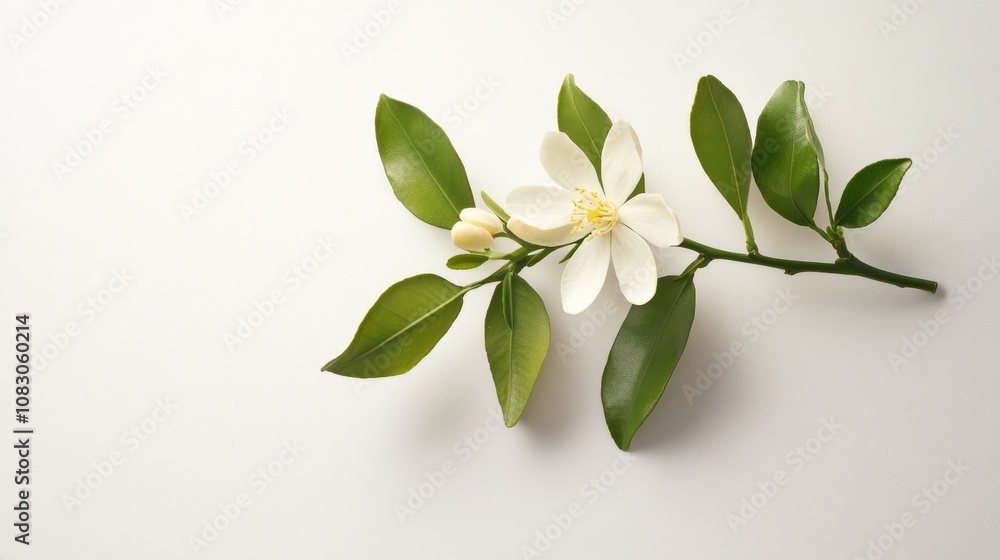 Obraz premium A single citrus tree blossom was captured on a white background