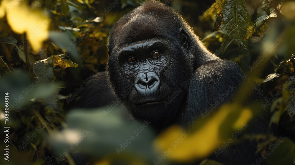 Obraz premium A stunning portrait of an endangered silverback mountain gorilla in its natural habitat