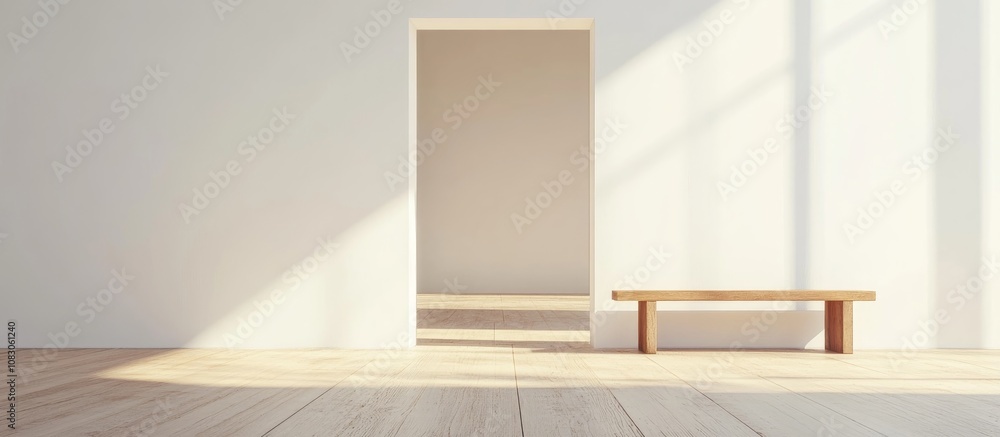 Fototapeta premium Minimalist room featuring white walls with an open doorway and a wooden bench ideal for interior design inspiration
