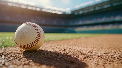 Close up of a baseball positioned on the pitcher s mound with a stadium visible in the background photo