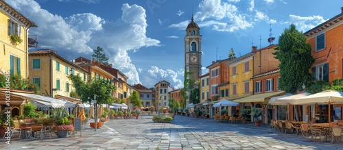 A charming cobblestone square in a European town with colorful buildings, lush trees, and cafe umbrellas.